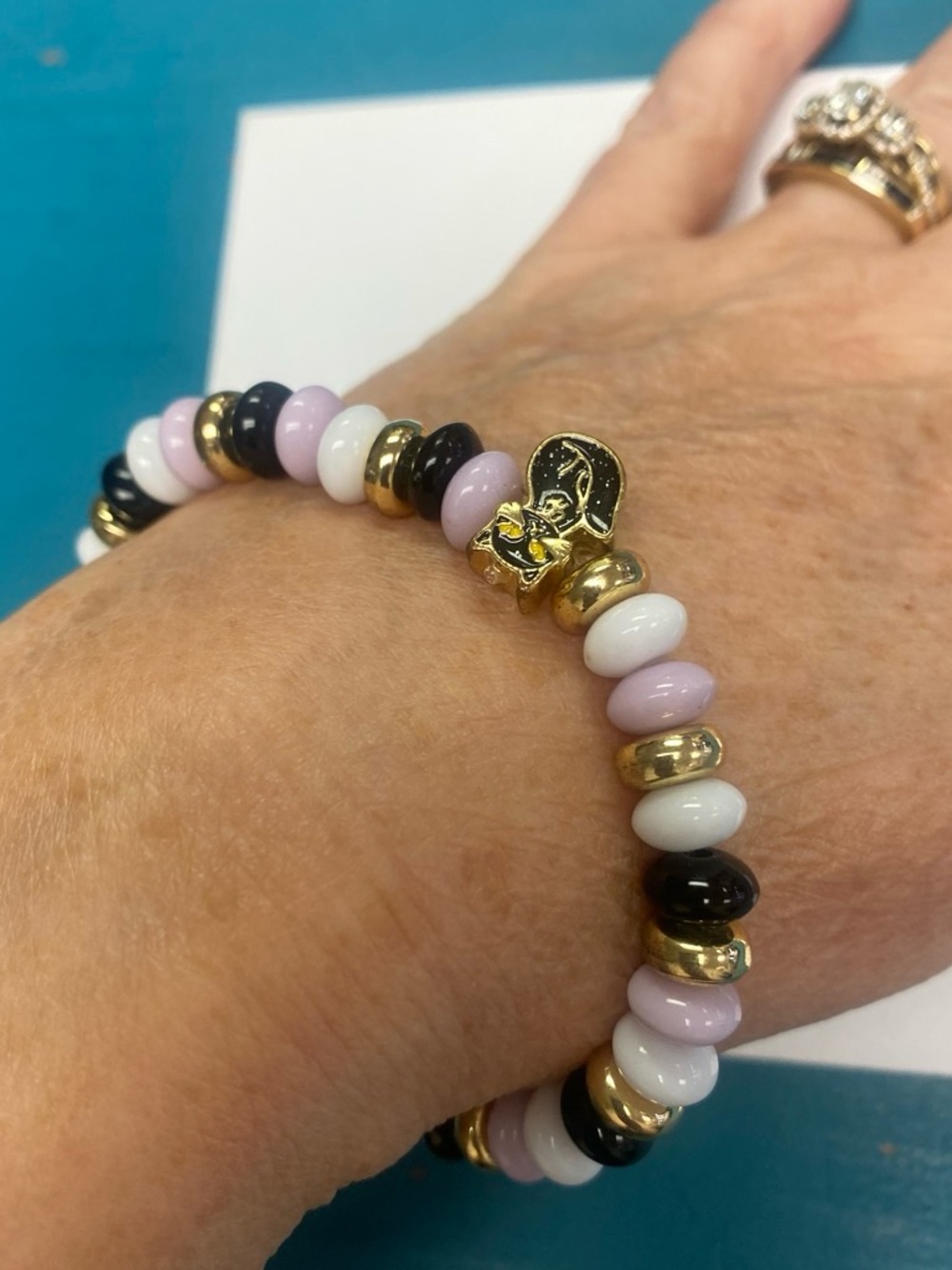 Sugar fix Gold Accent Pink White Black Beaded Stretch Bracelet